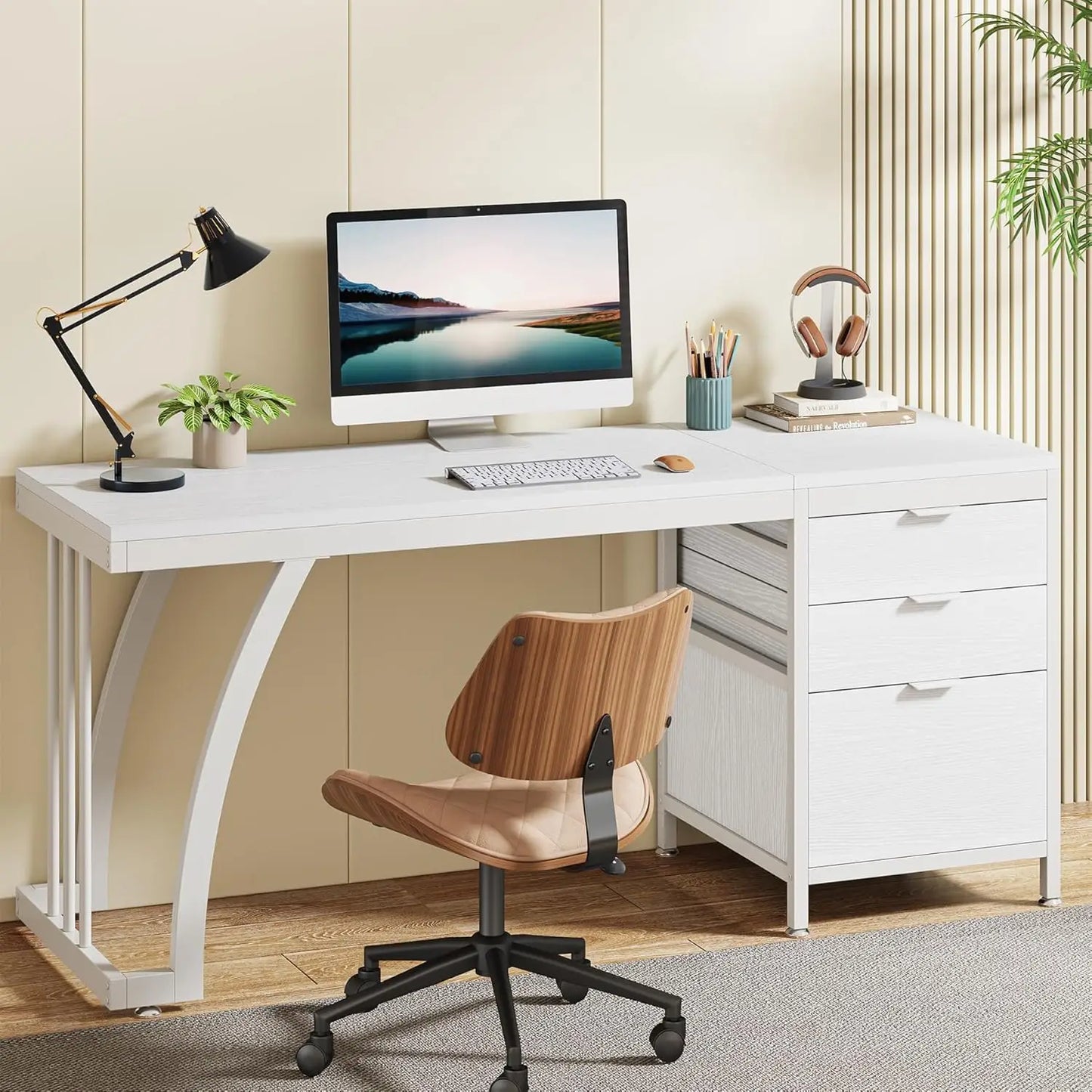 59-Inch PC Desk with Reversible Drawers, Industrial Study Writing Table Workstation