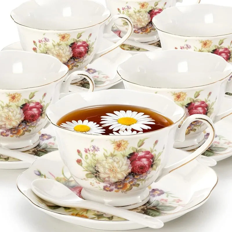 6 Floral Tea Cup Sets with Gold Trim, and Spoons