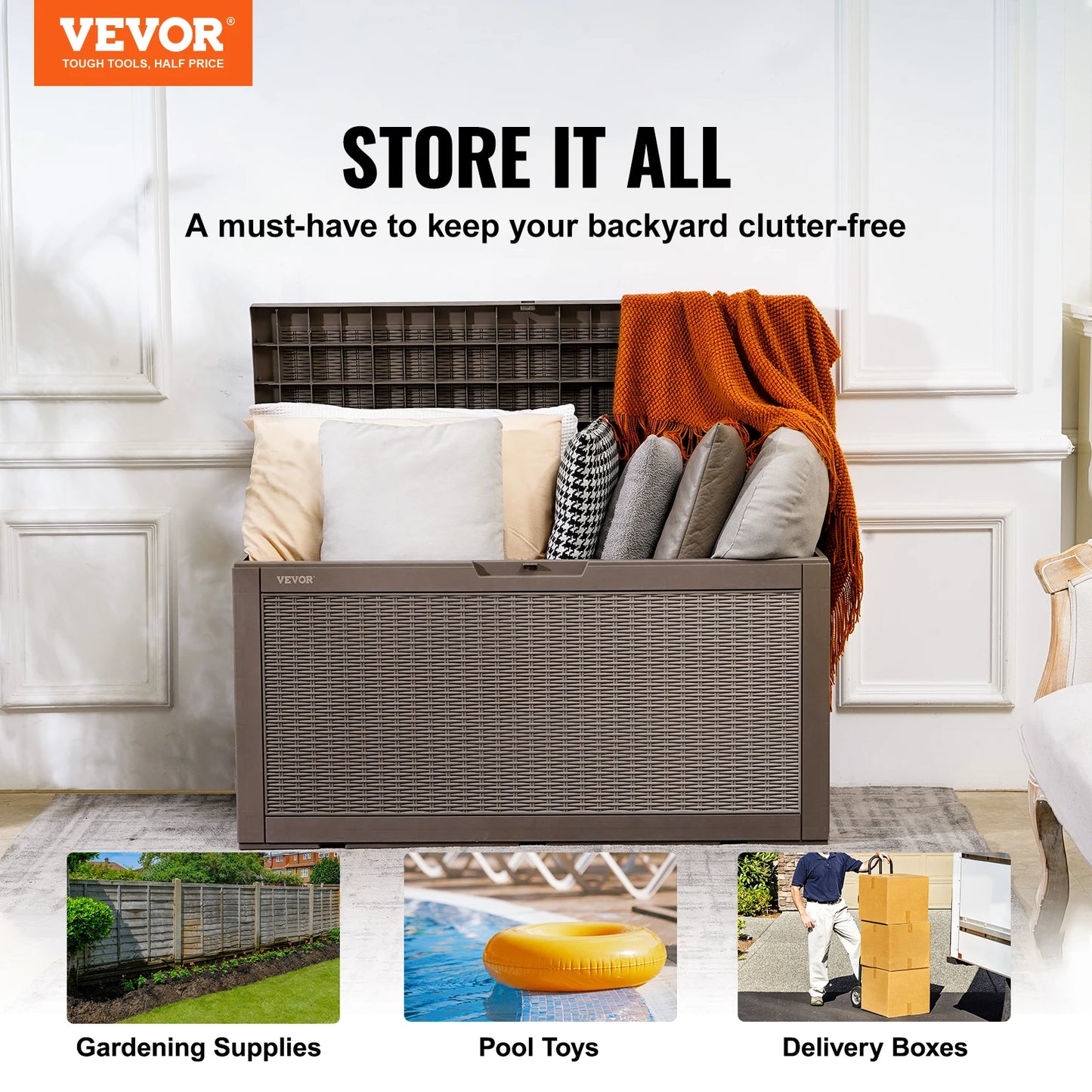 VEVOR Deck Box 100/120 Gallon Outdoor Storage Box Waterproof PP Deckbox with Aluminum Alloy Padlock for Patio Furniture and Pool Toys