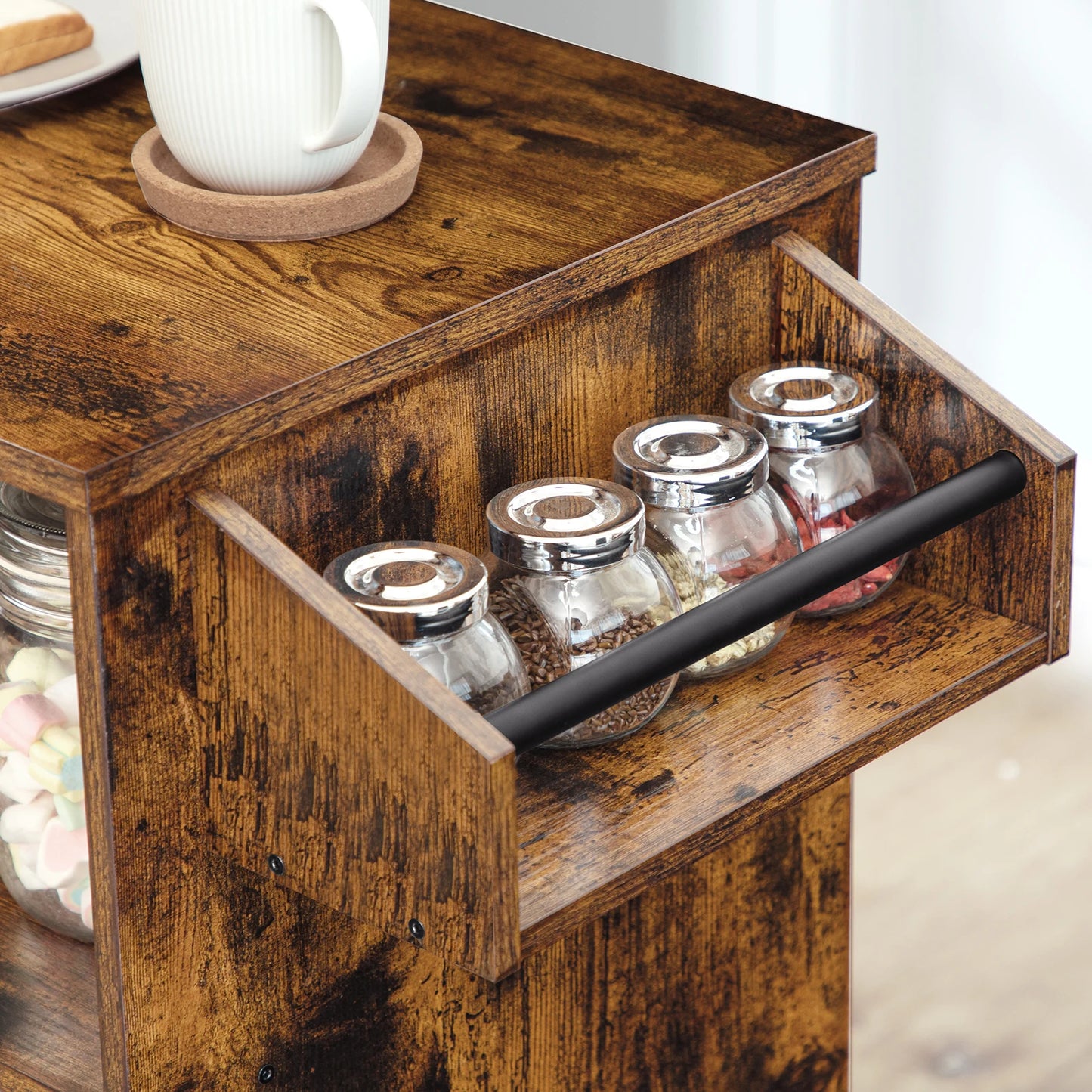 Kitchen Island Storage Cabinet with Drawer and Spice Rack Wood Assembly Corner Shelf