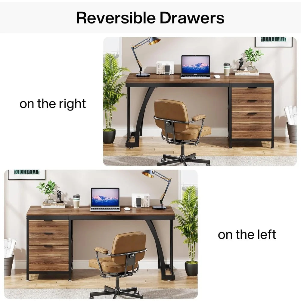 59-Inch PC Desk with Reversible Drawers, Industrial Study Writing Table Workstation