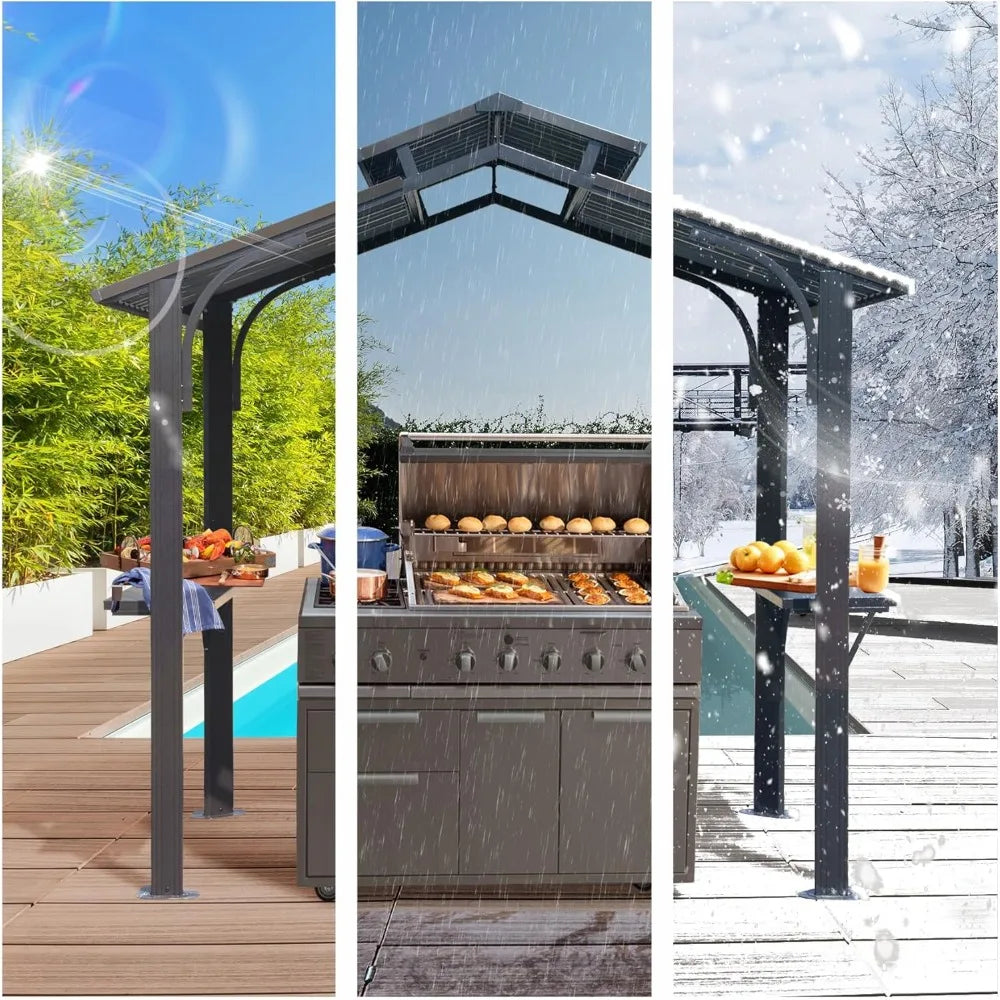 8x5FT Hardtop Grill Gazebo, All-Weather Outdoor Gazebo with 2 Side Shelves and Ceiling Hook, Galvanized Steel Double Roof