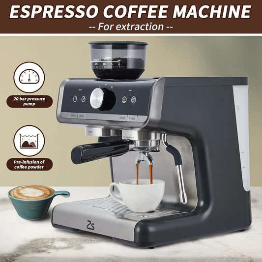 Espresso Machine with Grinder and Milk Froth Steam Wand Stainless Steel 16 Cups