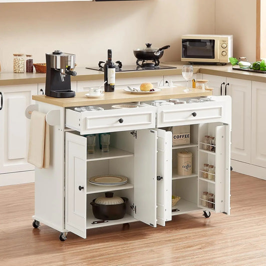 58 Inch Mobile Kitchen Island Cart with Power Outlet and Adjustable Shelves