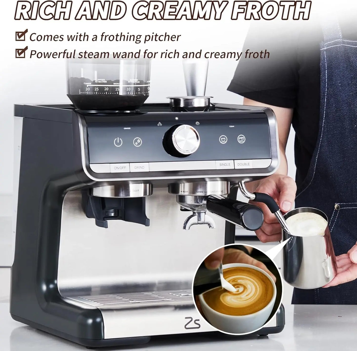 Espresso Machine with Grinder and Milk Froth Steam Wand Stainless Steel 16 Cups