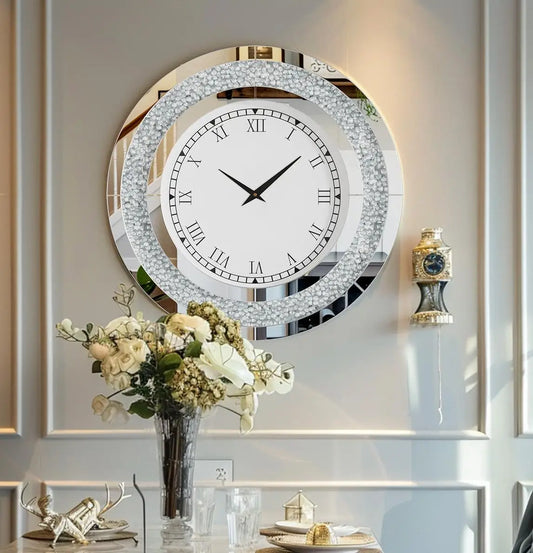 Silver Round Mirror Sparkle Modern Wall Clock for Living Room