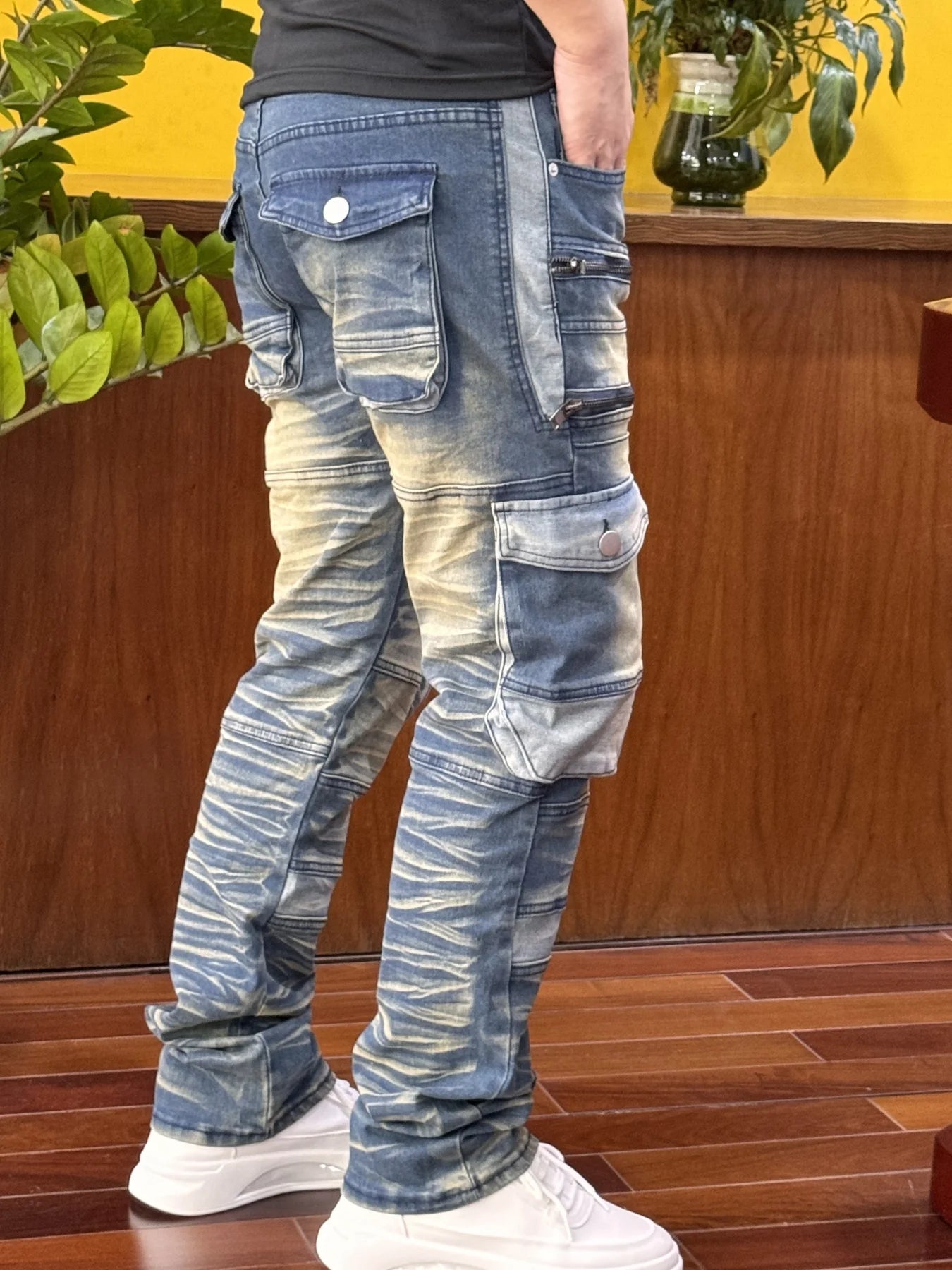 Men's stretch denim pants, multi-pocket design, 4 decorative zippers