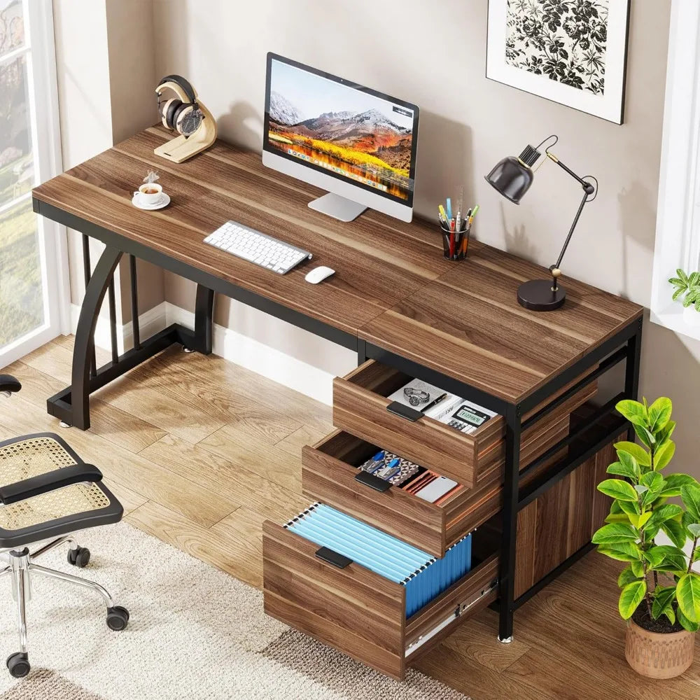 59-Inch PC Desk with Reversible Drawers, Industrial Study Writing Table Workstation