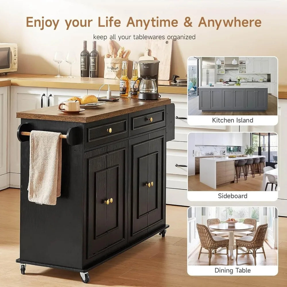 58 Inch Mobile Kitchen Island Cart with Power Outlet Adjustable Shelves and Engineered Wood Frame