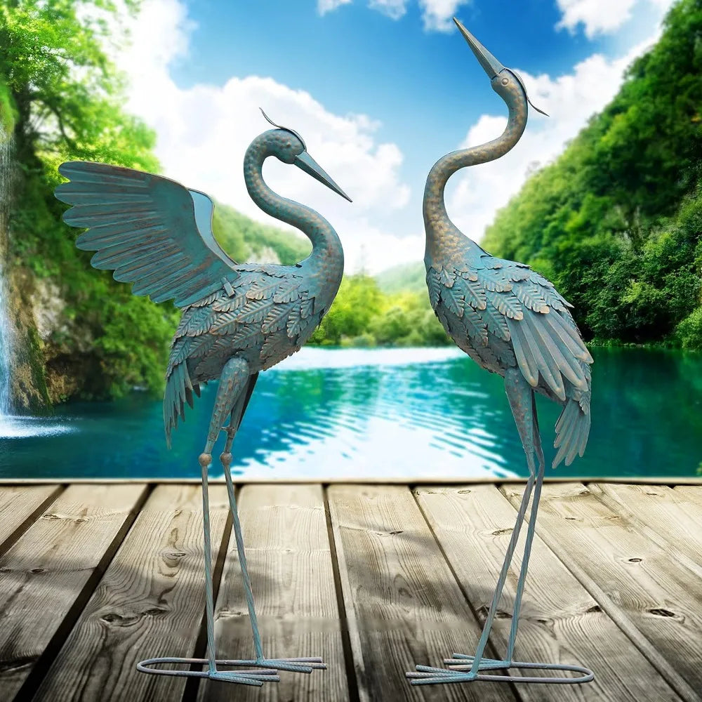 33-37 Inch Metal Crane Garden Sculpture 2-piece Set