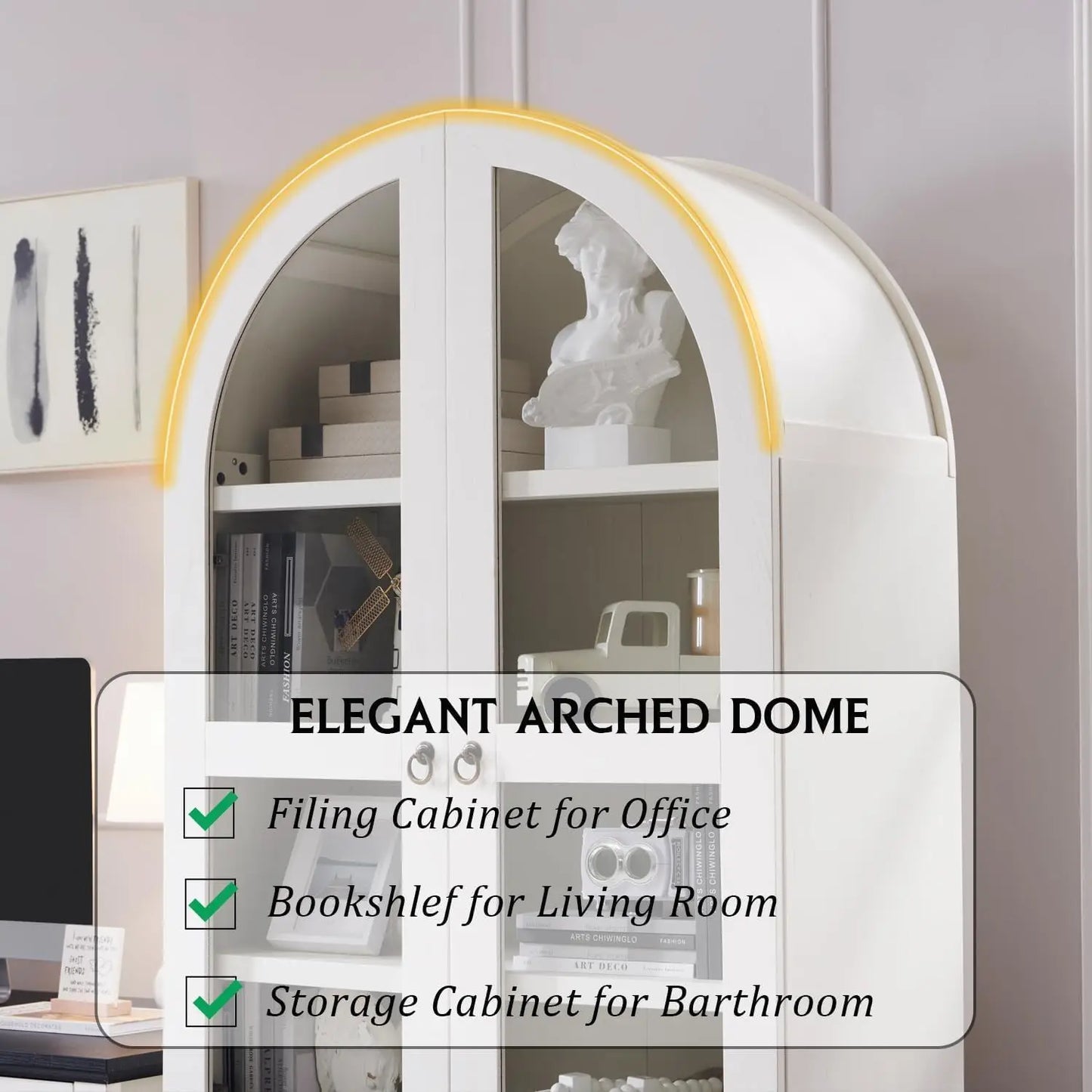 71 Inch Tall Arched Bookshelf with Glass Doors and Drawers