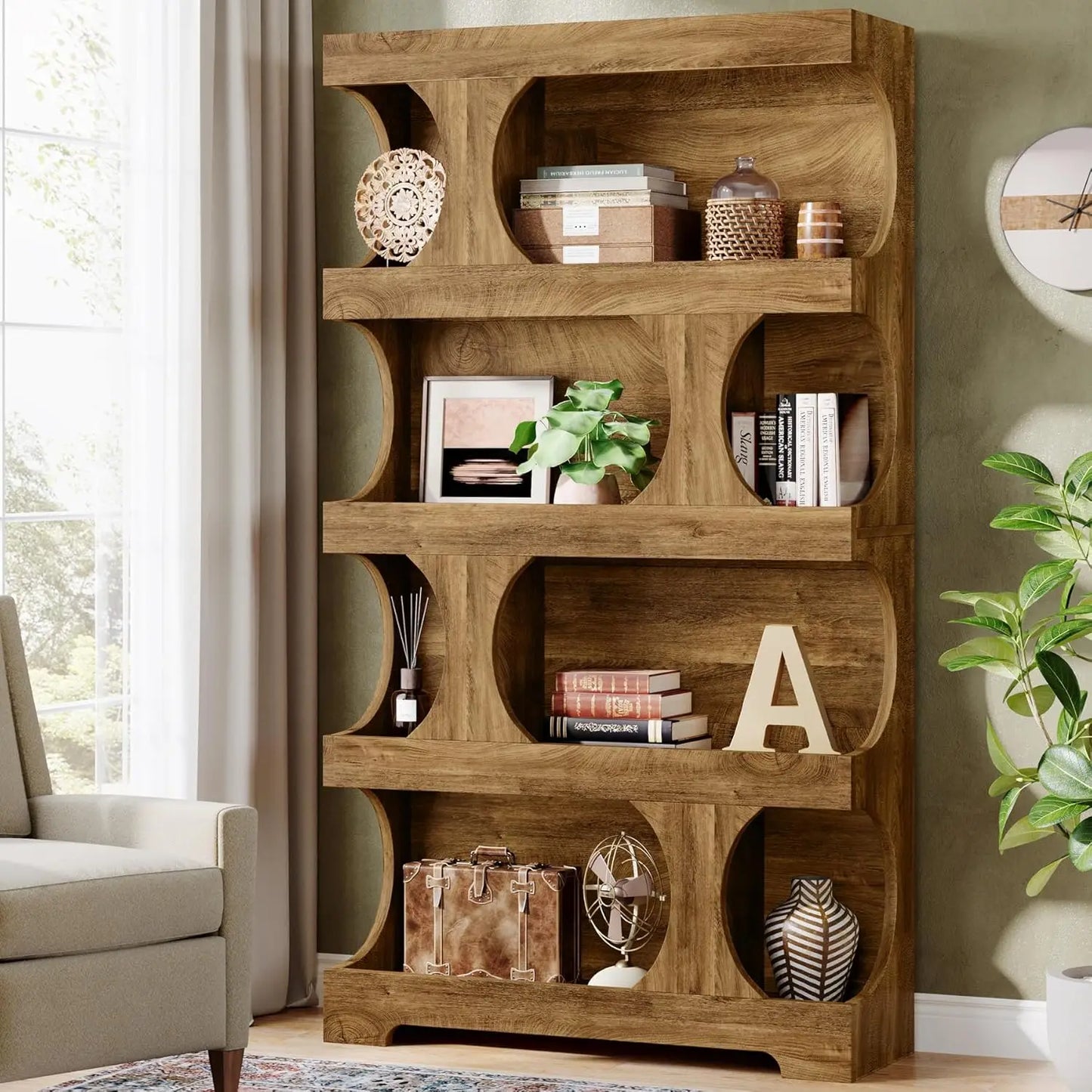71 Inch Tall Bookcase Set of 2 Modern Wood Display Shelves