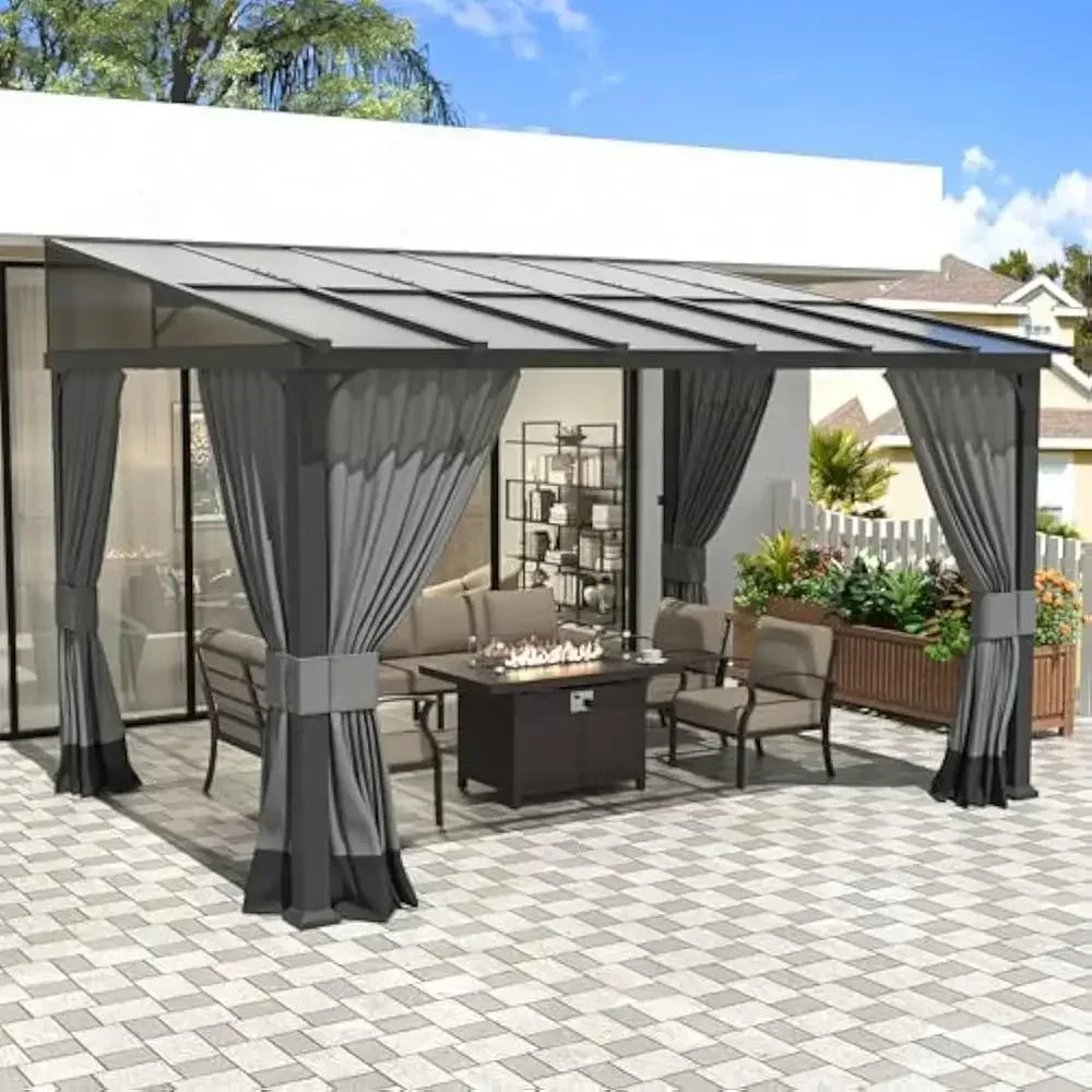 Outdoor Gazebo, Hardtop Wall Mounted Gazebos with Sloping Sun Panel Roof, Double Curtains, Gazebo