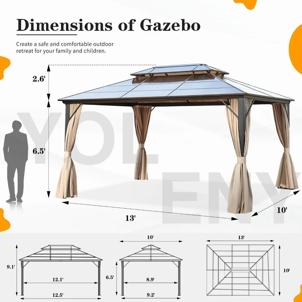 10'x13' Hardtop Gazebo, Polycarbonate Double Roof Canopy, Aluminum Frame Permanent Pavilion with Curtains and Netting, Sunshade