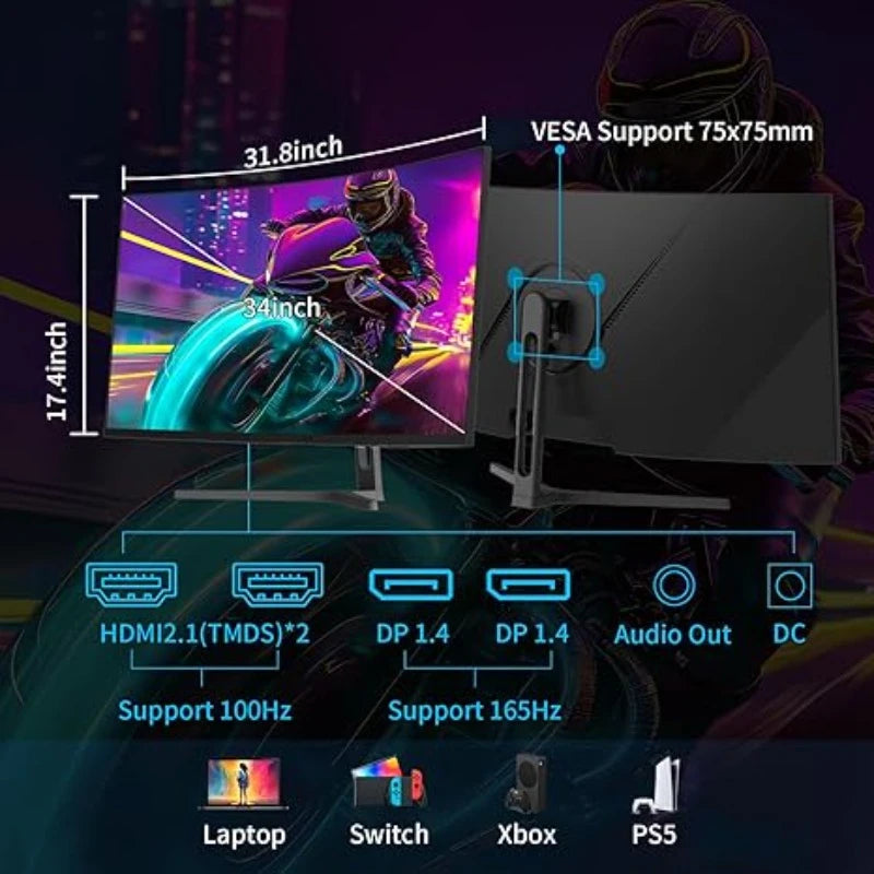34-Inch Curved Gaming Monitor UWQHD 3440 x 1440 165Hz