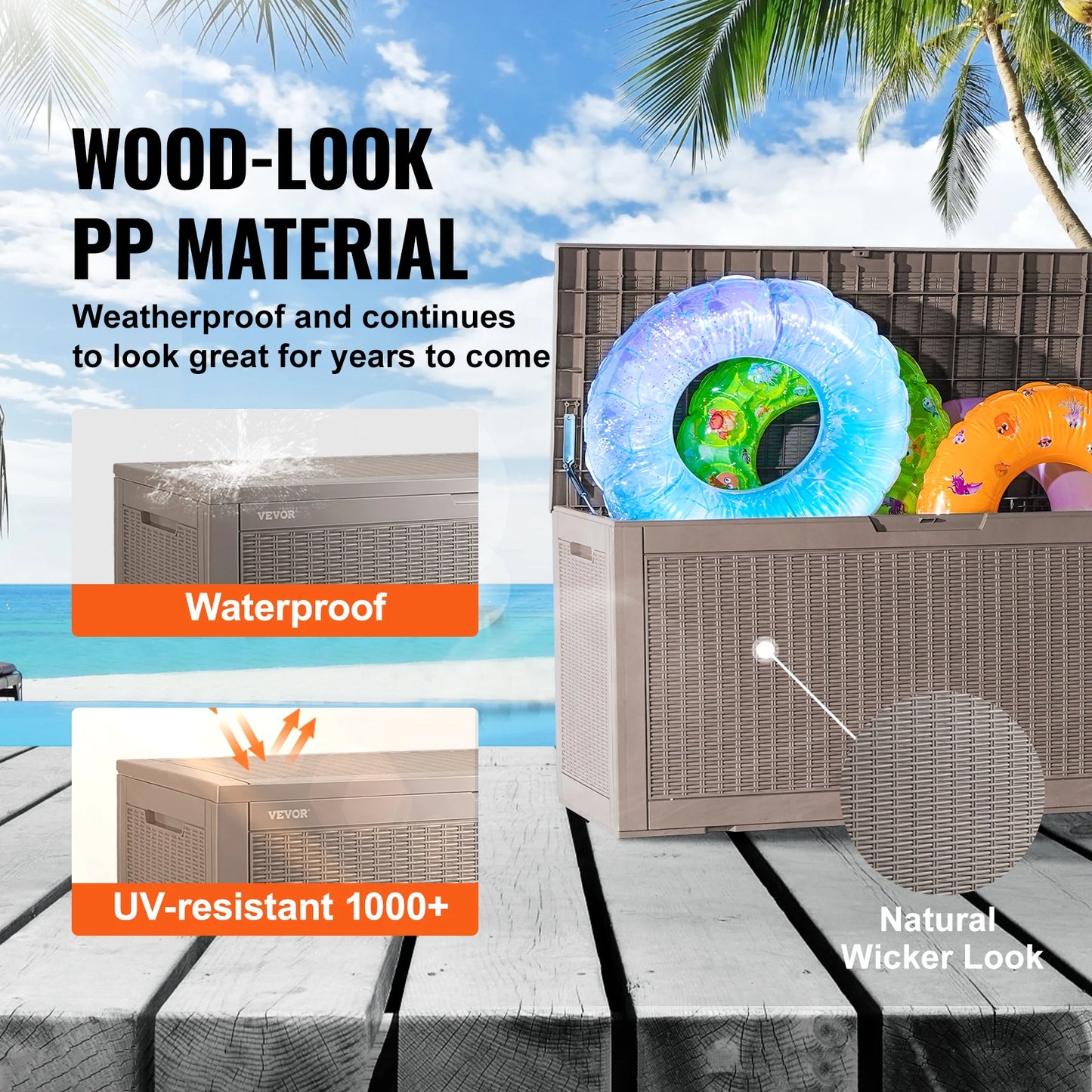 VEVOR Deck Box 100/120 Gallon Outdoor Storage Box Waterproof PP Deckbox with Aluminum Alloy Padlock for Patio Furniture and Pool Toys