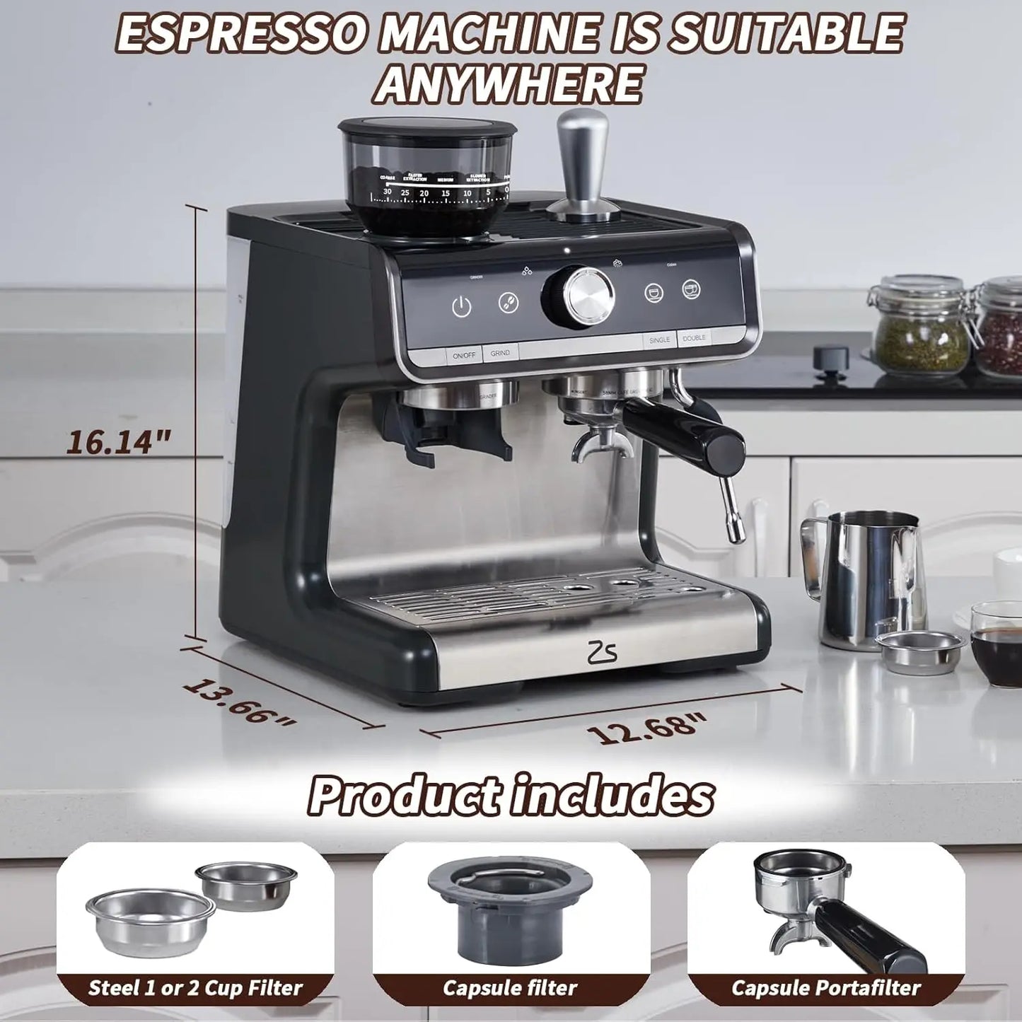 Espresso Machine with Grinder and Milk Froth Steam Wand Stainless Steel 16 Cups