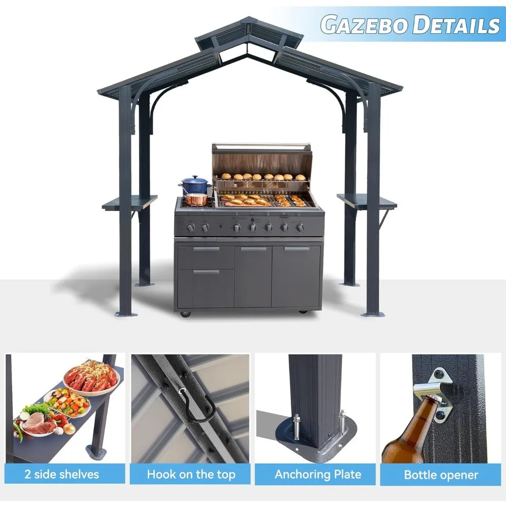 8x5FT Hardtop Grill Gazebo, All-Weather Outdoor Gazebo with 2 Side Shelves and Ceiling Hook, Galvanized Steel Double Roof