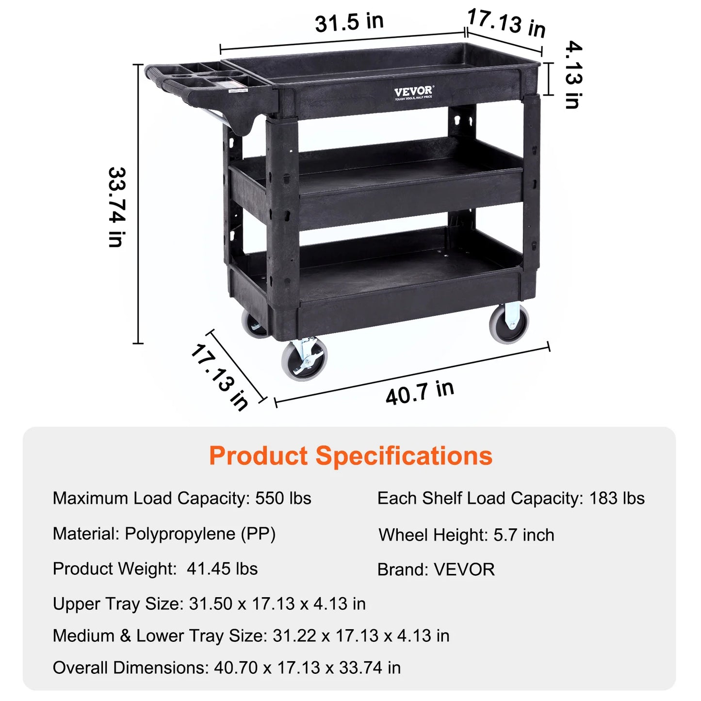 Utility Service Cart Heavy Duty 360 Degree Swivel Wheels 550 LBS Load Capacity