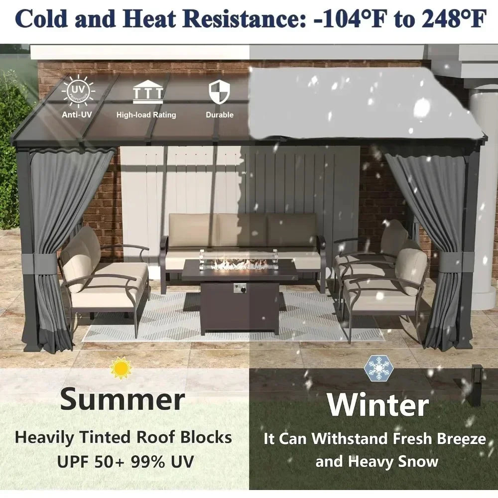 Outdoor Gazebo, Hardtop Wall Mounted Gazebos with Sloping Sun Panel Roof, Double Curtains, Gazebo