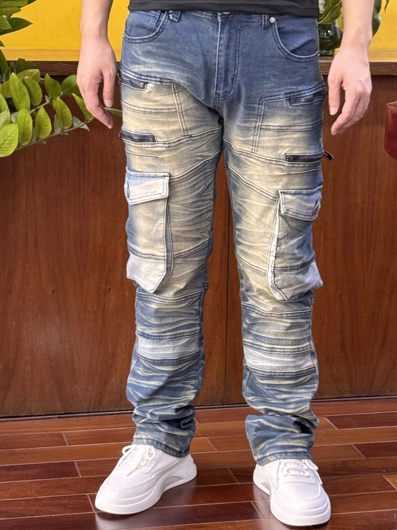 Men's stretch denim pants, multi-pocket design, 4 decorative zippers