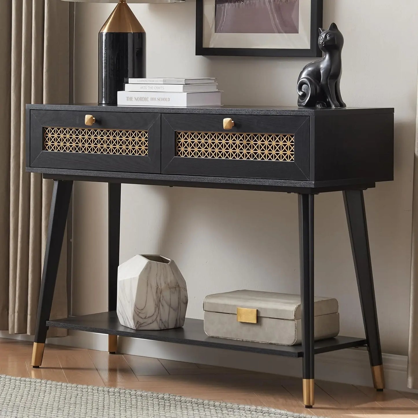 Mid Century Modern Console Table with Two Drawers and Open Shelf Narrow Wood Entryway Table for Living Room Hallway Bedroom