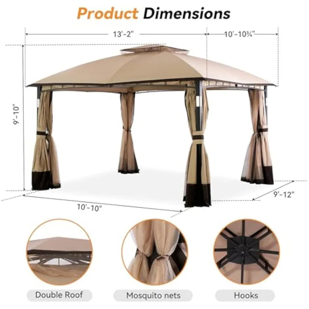 Patio Gazebo 11'x13' with LED Lights, Heavy Duty Outdoor Canopy Shelter with Stable Metal Frame, Double Roofs, Netting
