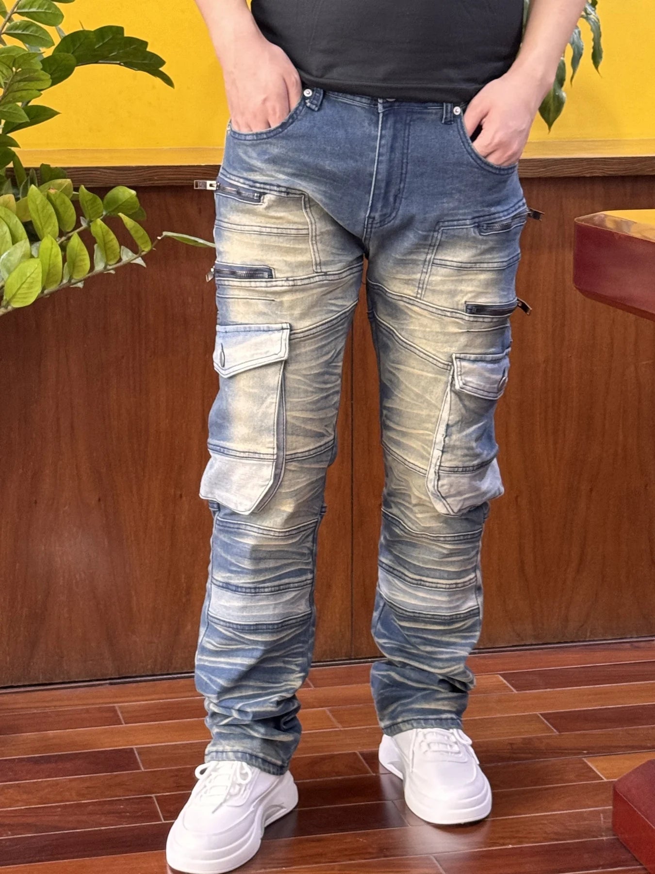 Men's stretch denim pants, multi-pocket design, 4 decorative zippers