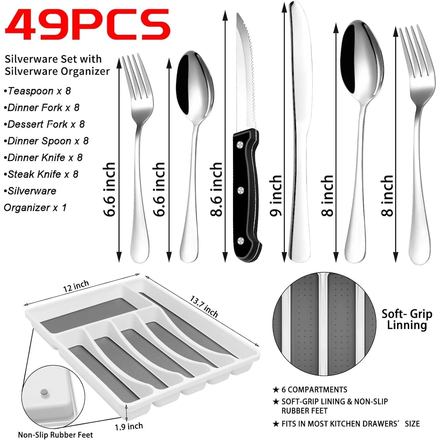 49-Piece Stainless Steel Silverware Set with Cutlery Organizer, Service for 8