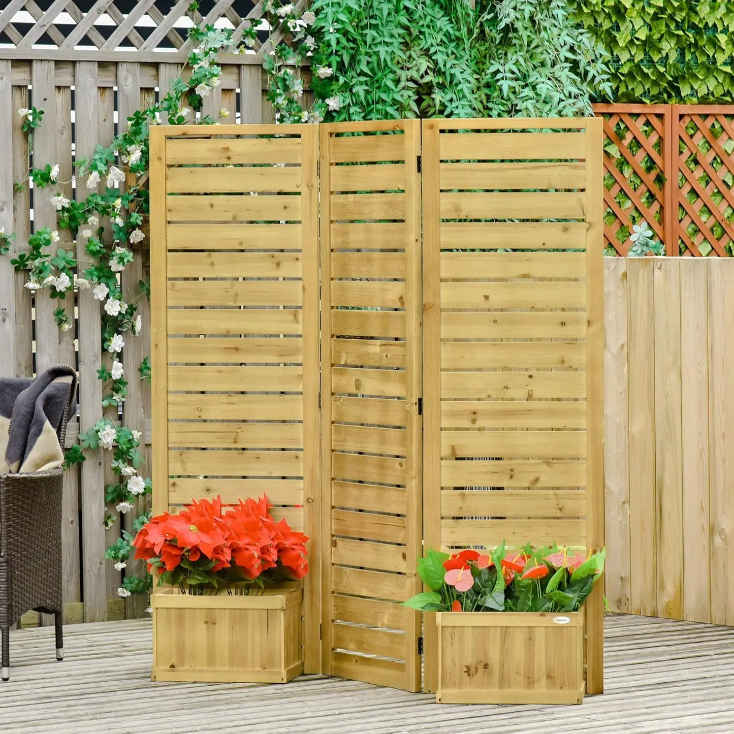 Outsunny Freestanding Outdoor Privacy Screen, 4 Self-Draining Planters/Raised Garden Beds
