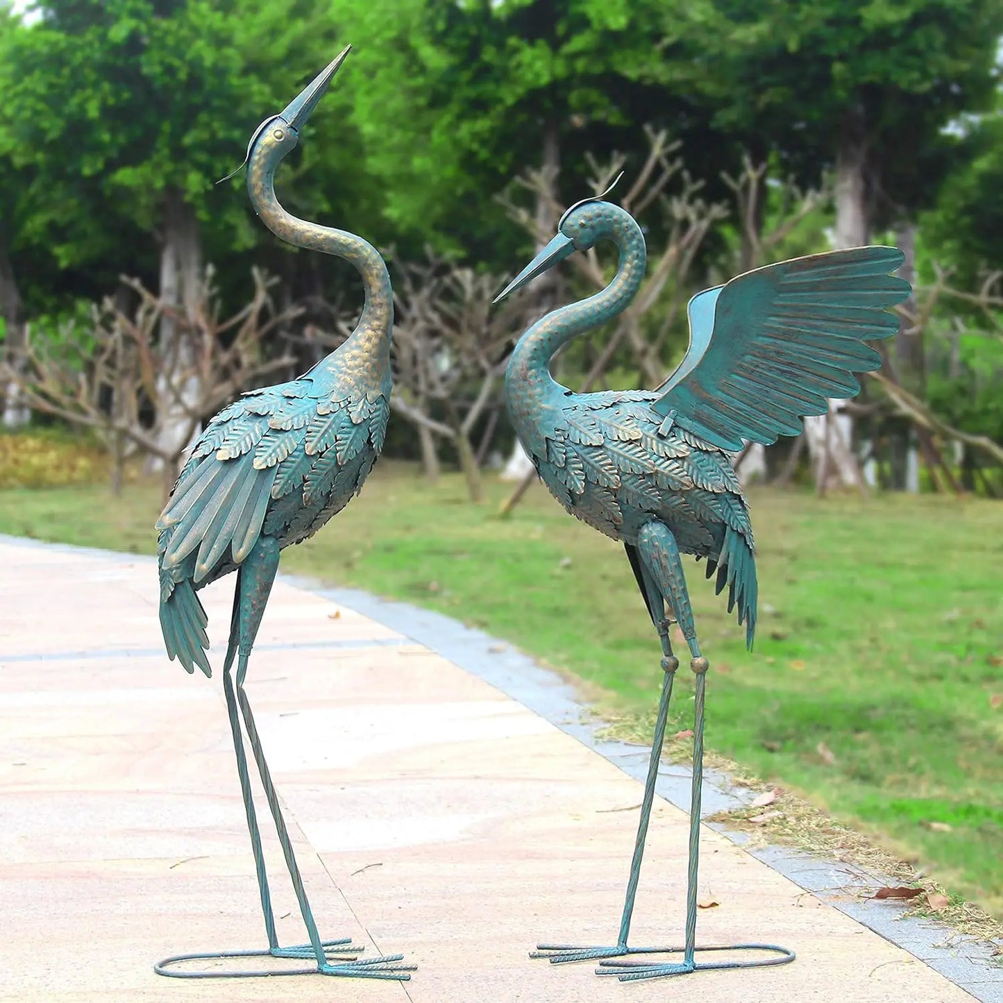 33-37 Inch Metal Crane Garden Sculpture 2-piece Set
