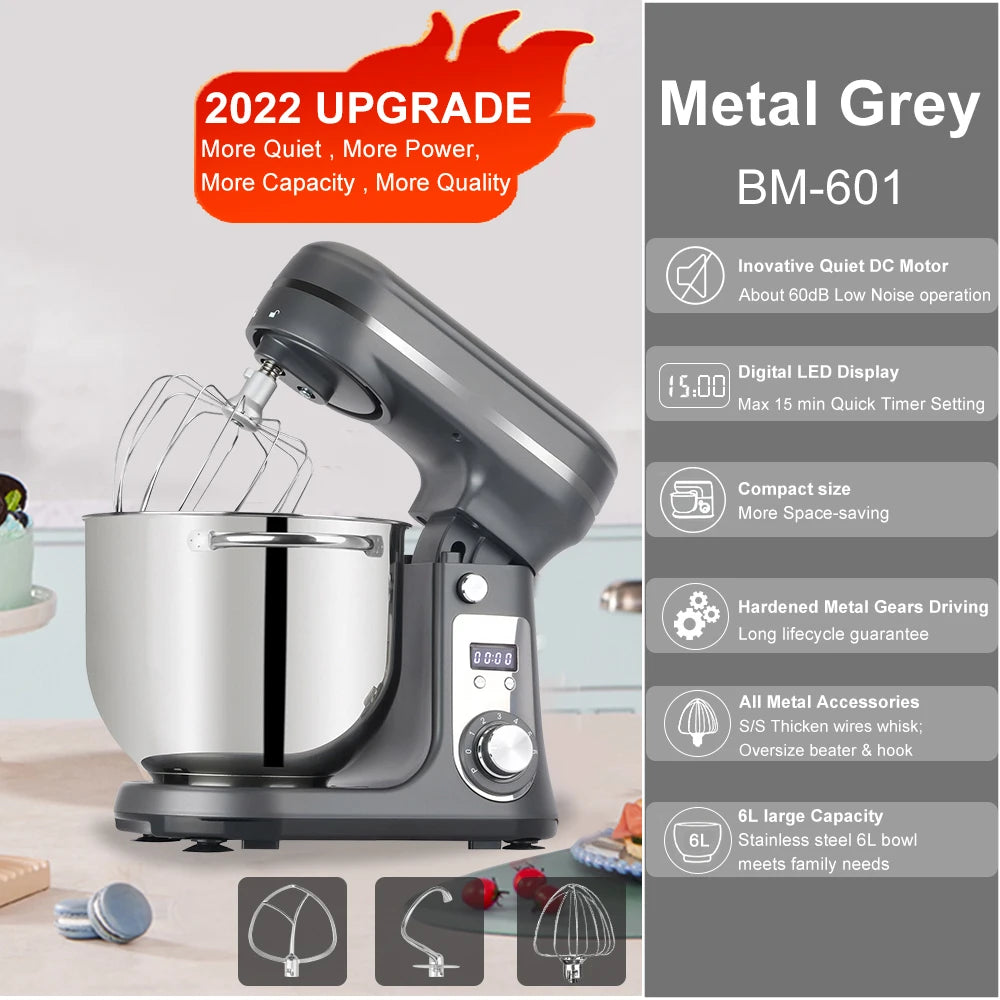 BioloMix Kitchen Food Stand Mixer 1200W 6L Blender with Quiet Motor Cream Egg Whisk and 6 Speed Settings