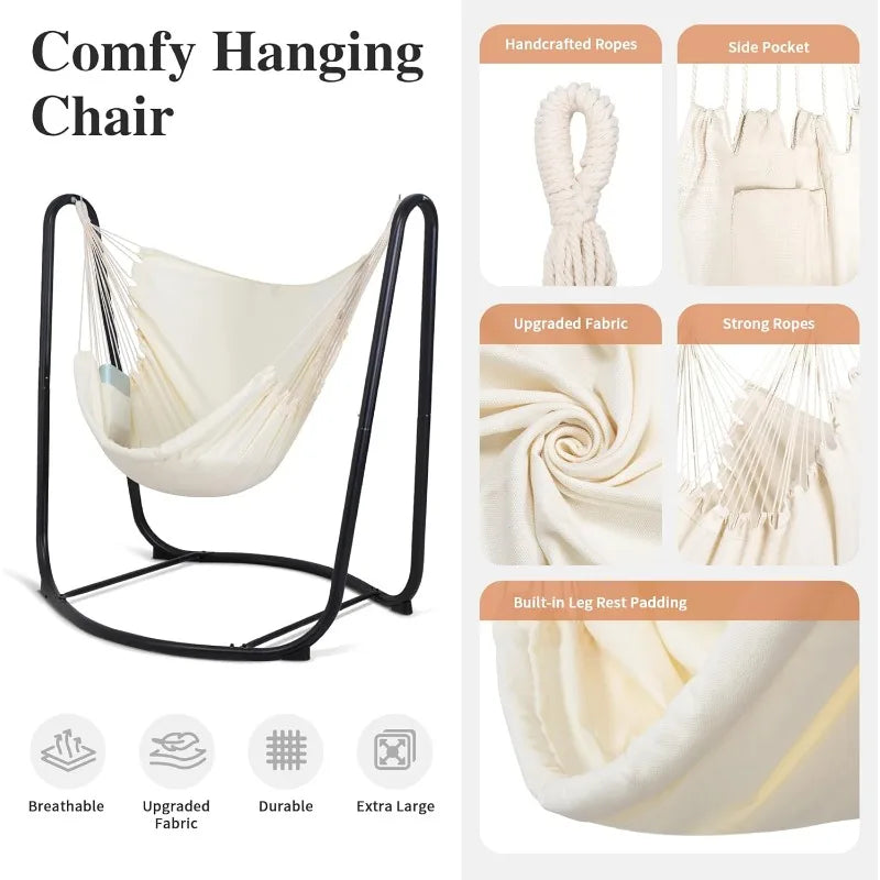Beige Hammock Swing Chair with Stand, Hanging Chair 330 pounds Capacity