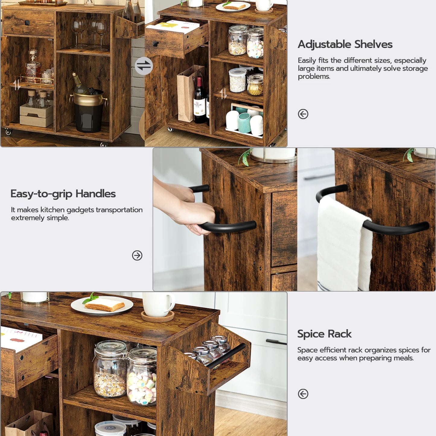 Kitchen Island Storage Cabinet with Drawer and Spice Rack Wood Assembly Corner Shelf