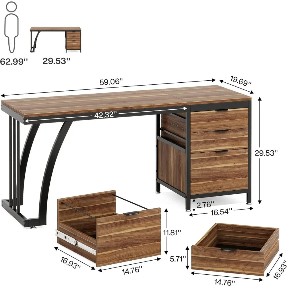 59-Inch PC Desk with Reversible Drawers, Industrial Study Writing Table Workstation