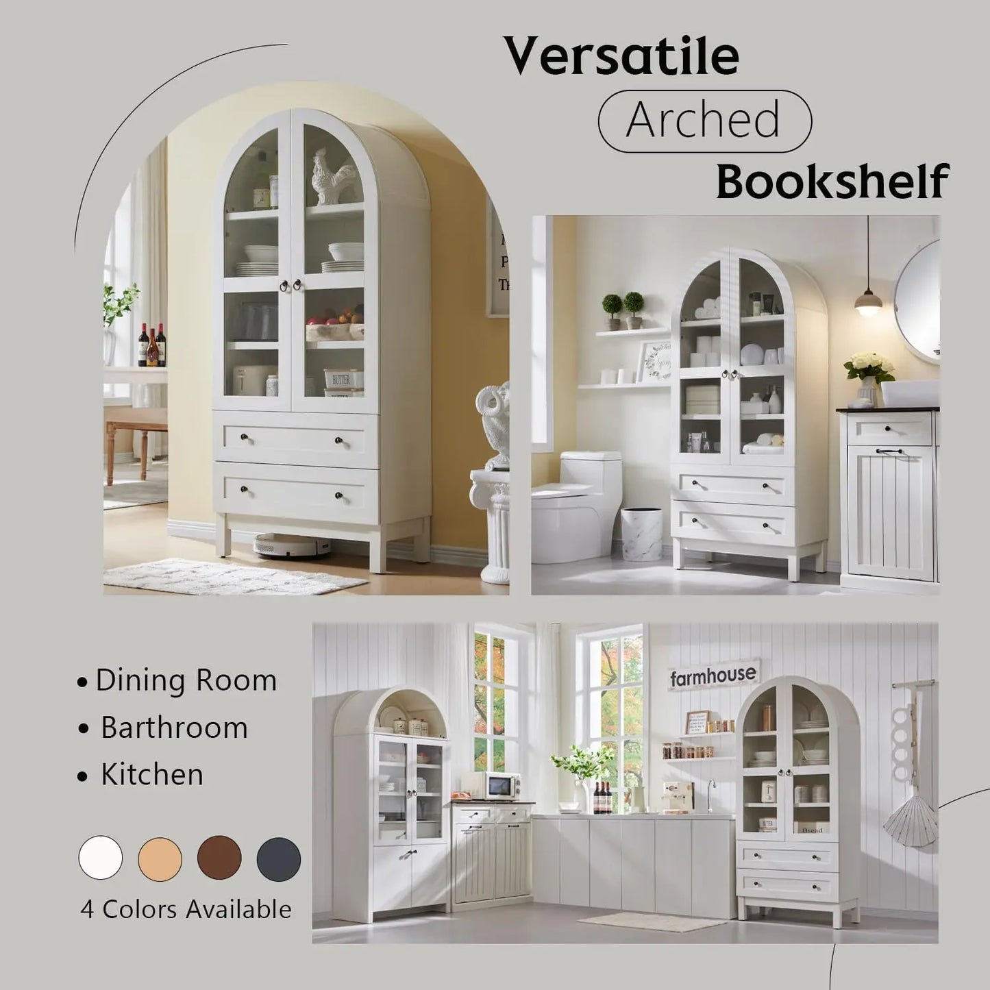 71 Inch Tall Arched Bookshelf with Glass Doors and Drawers