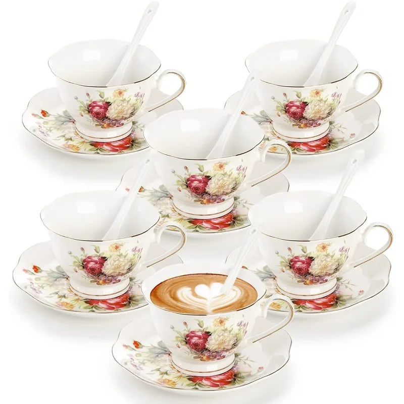 6 Floral Tea Cup Sets with Gold Trim, and Spoons