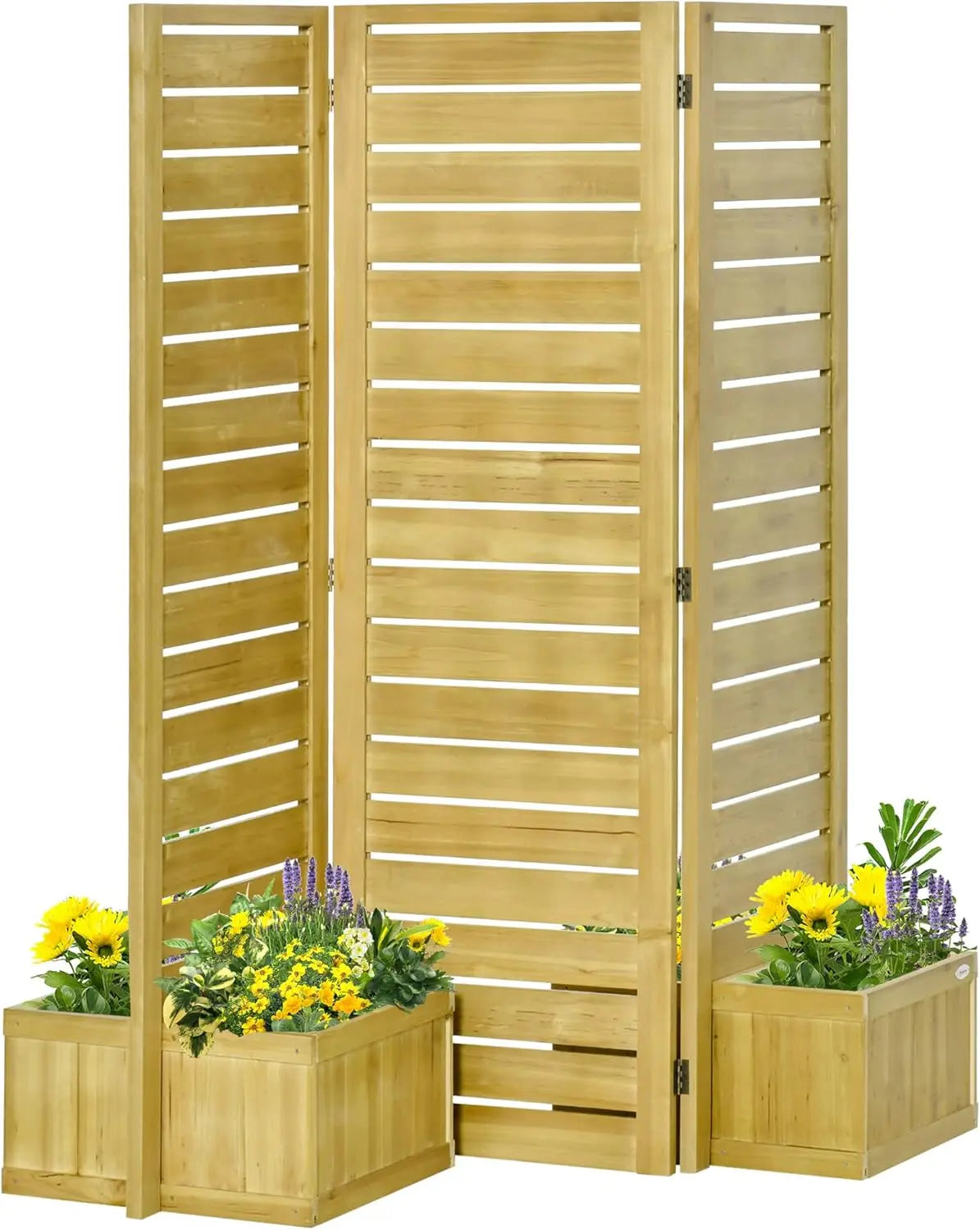 Outsunny Freestanding Outdoor Privacy Screen, 4 Self-Draining Planters/Raised Garden Beds