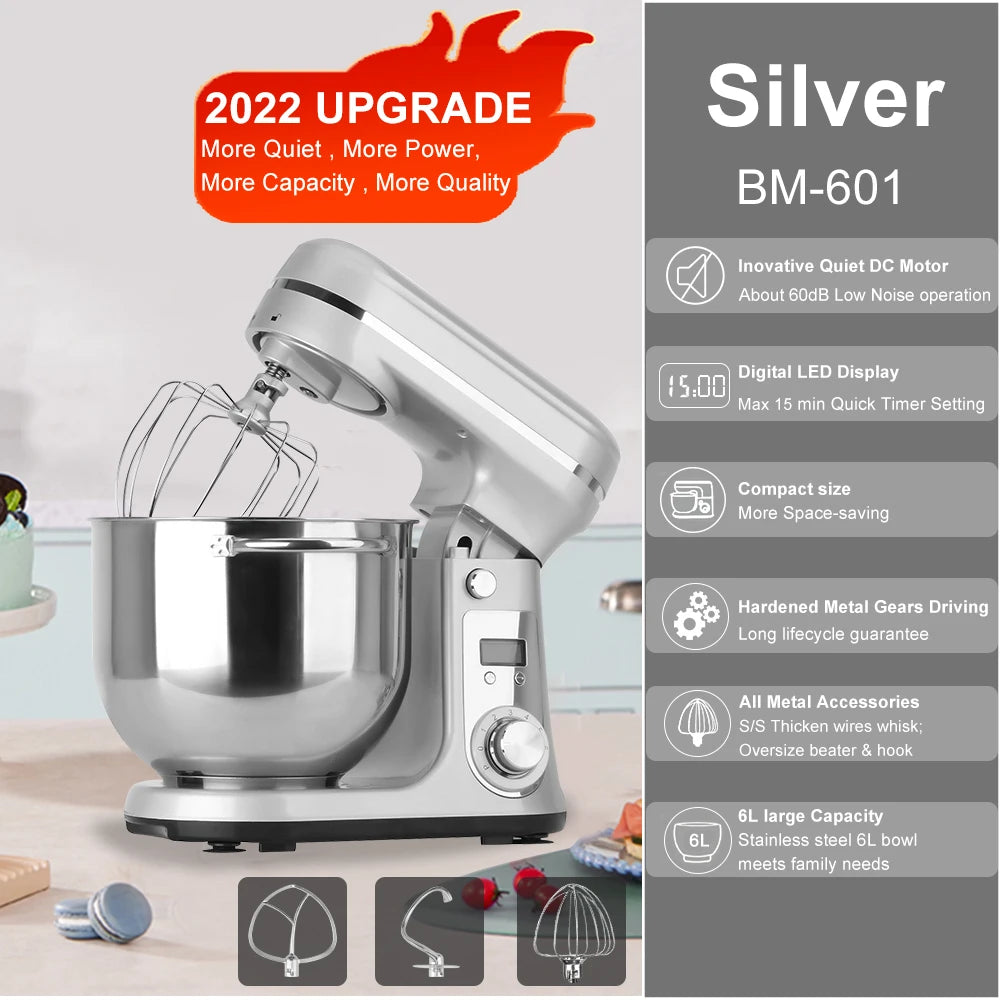 BioloMix Kitchen Food Stand Mixer 1200W 6L Blender with Quiet Motor Cream Egg Whisk and 6 Speed Settings