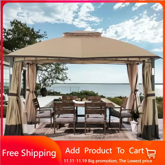 Patio Gazebo 11'x13' with LED Lights, Heavy Duty Outdoor Canopy Shelter with Stable Metal Frame, Double Roofs, Netting