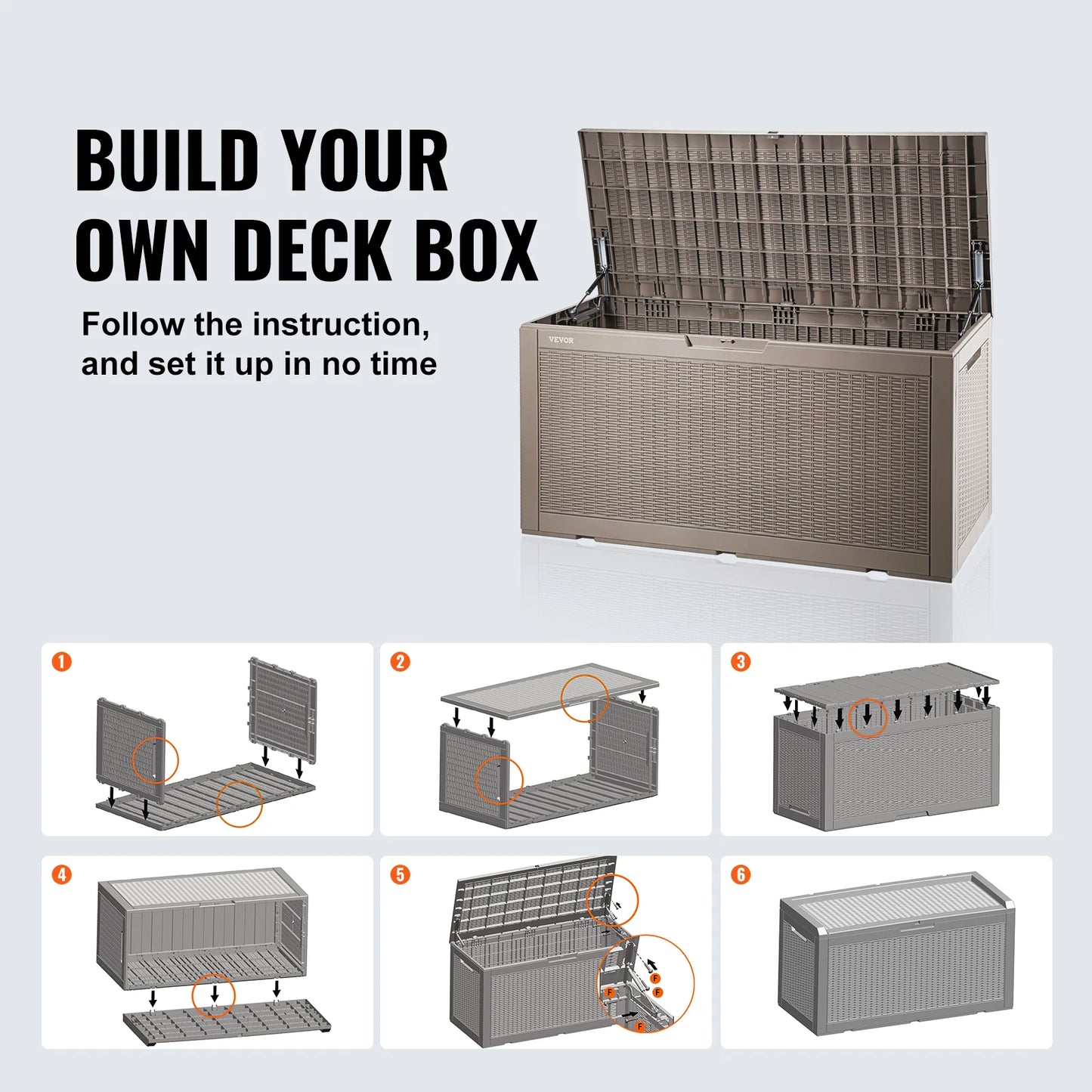 VEVOR Deck Box 100/120 Gallon Outdoor Storage Box Waterproof PP Deckbox with Aluminum Alloy Padlock for Patio Furniture and Pool Toys