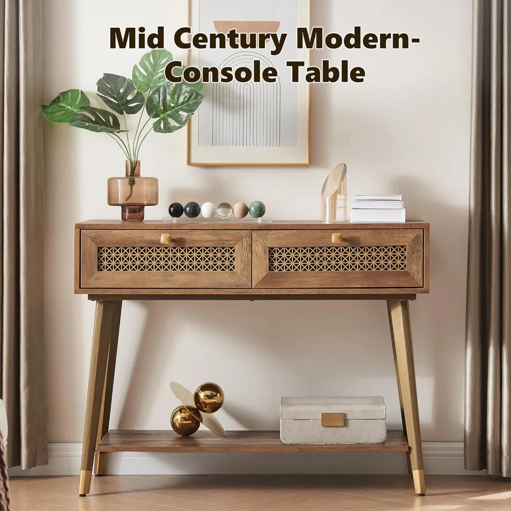 Mid Century Modern Console Table with Two Drawers and Open Shelf Narrow Wood Entryway Table for Living Room Hallway Bedroom