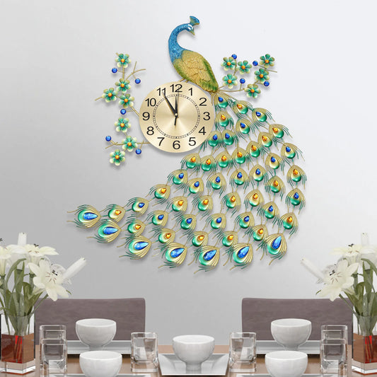 Luxury Peacock Wall Clock Metal 3D Art Decoration for Living Room