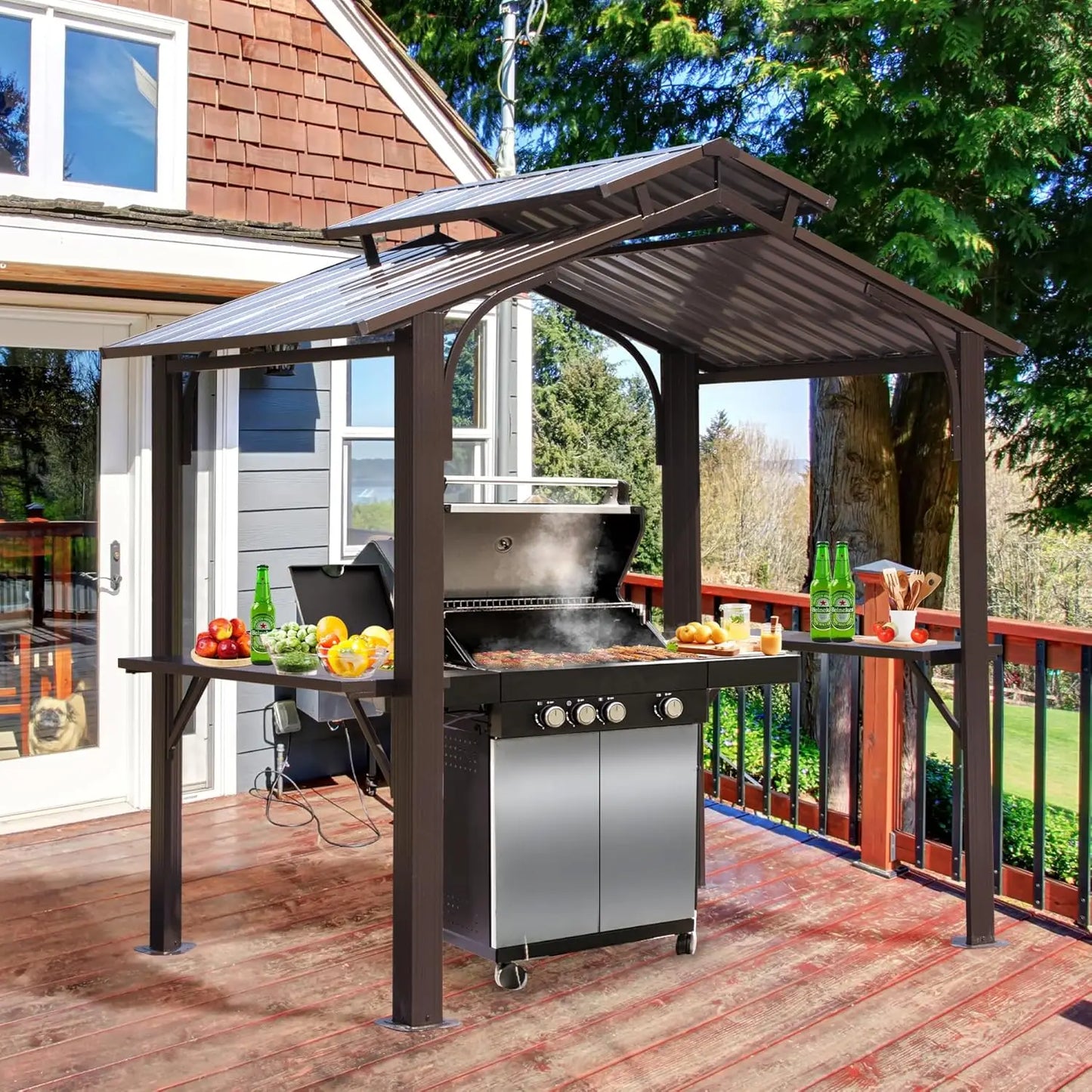 8x5FT Hardtop Grill Gazebo, All-Weather Outdoor Gazebo with 2 Side Shelves and Ceiling Hook, Galvanized Steel Double Roof