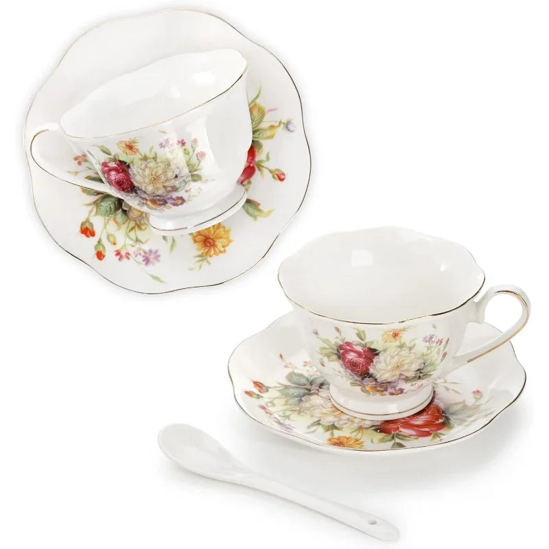 6 Floral Tea Cup Sets with Gold Trim, and Spoons