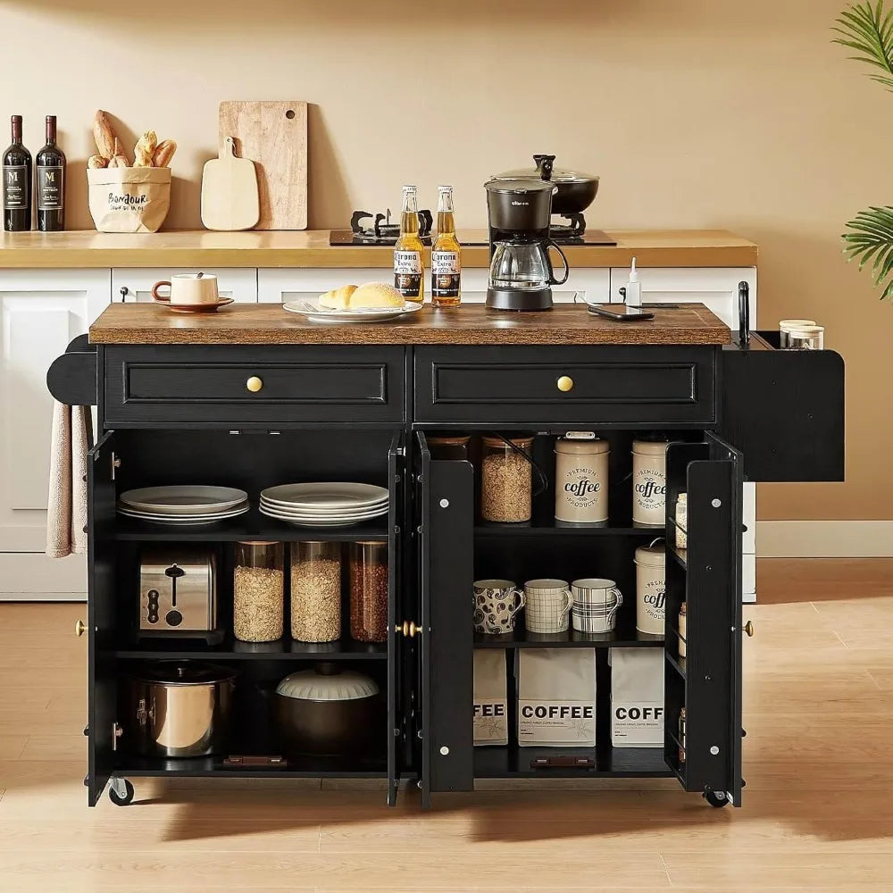 58 Inch Mobile Kitchen Island Cart with Power Outlet and Adjustable Shelves