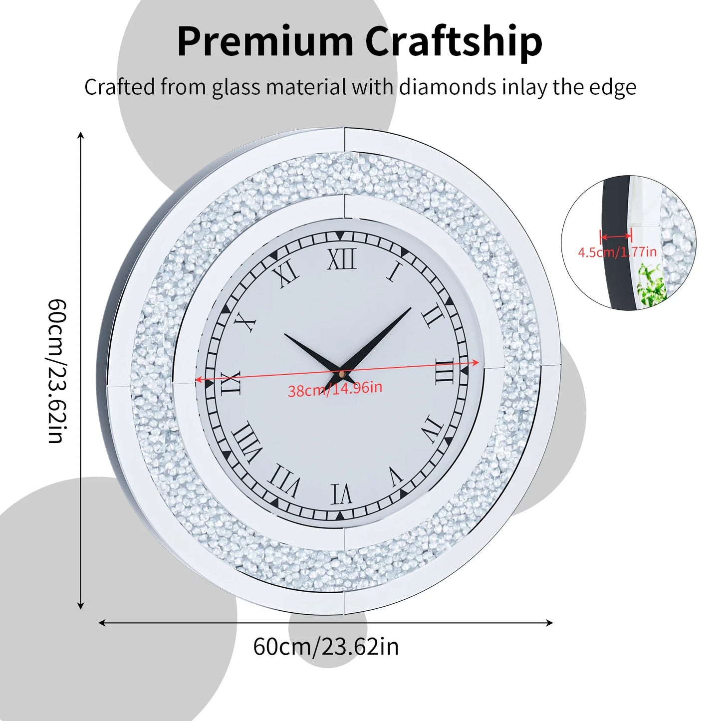 Silver Round Mirror Sparkle Modern Wall Clock for Living Room