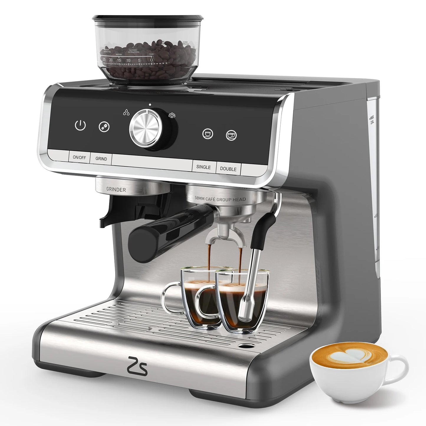 Espresso Machine with Grinder and Milk Froth Steam Wand Stainless Steel 16 Cups