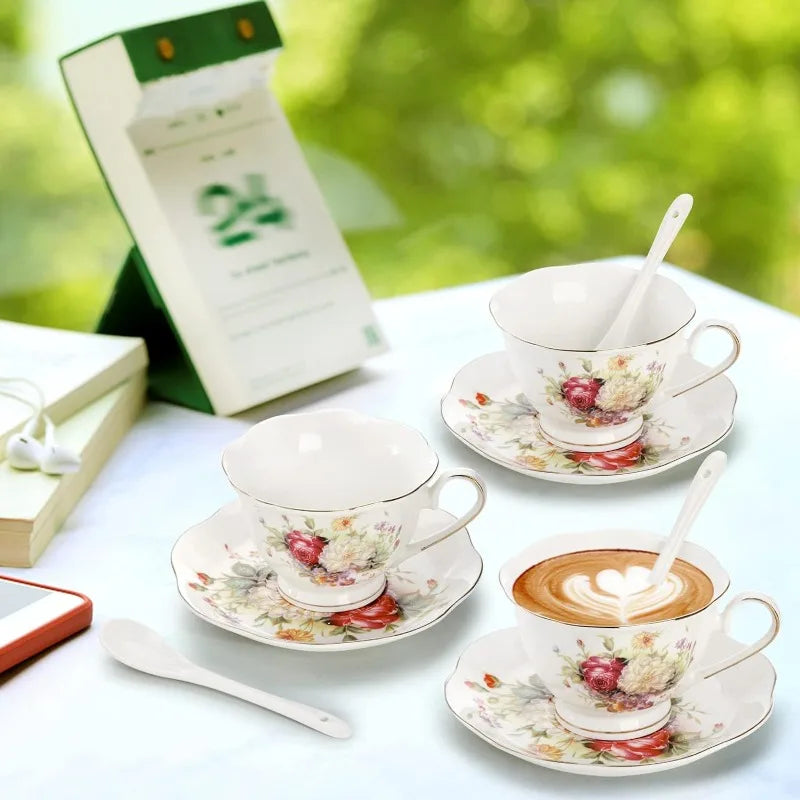 6 Floral Tea Cup Sets with Gold Trim, and Spoons
