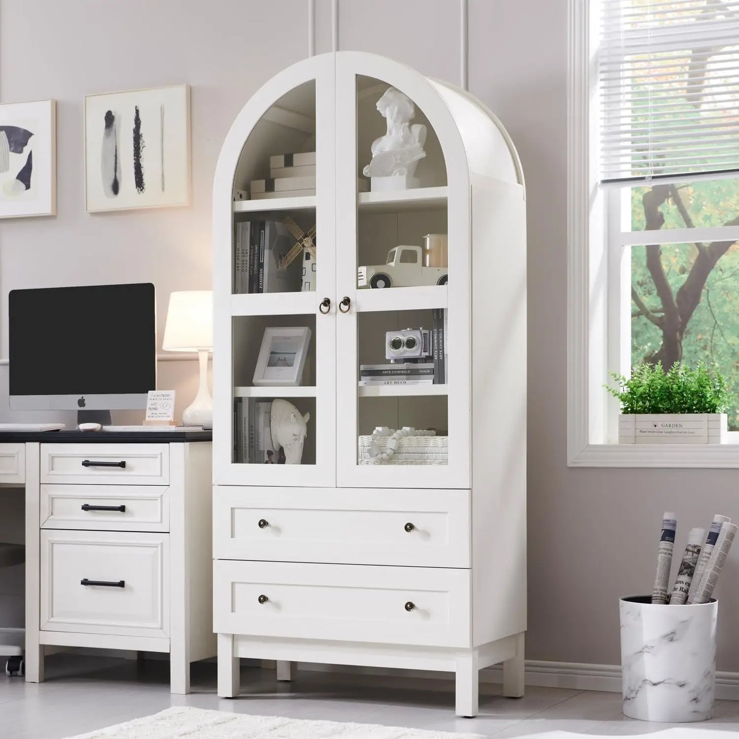 71 Inch Tall Arched Bookshelf with Glass Doors and Drawers